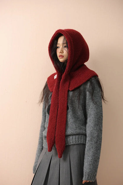 Korean Knitted Balaclava Hat Women's Winter Warm Scarf Integrated Hooded Scarf Knitted Wool Beanie Cap