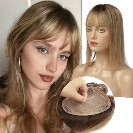 14 Inch Brown Ombre 100% Human Hair Toppers with Bangs Clip In Remy Hairpieces for Women Straight Hair Extensions Daily Use