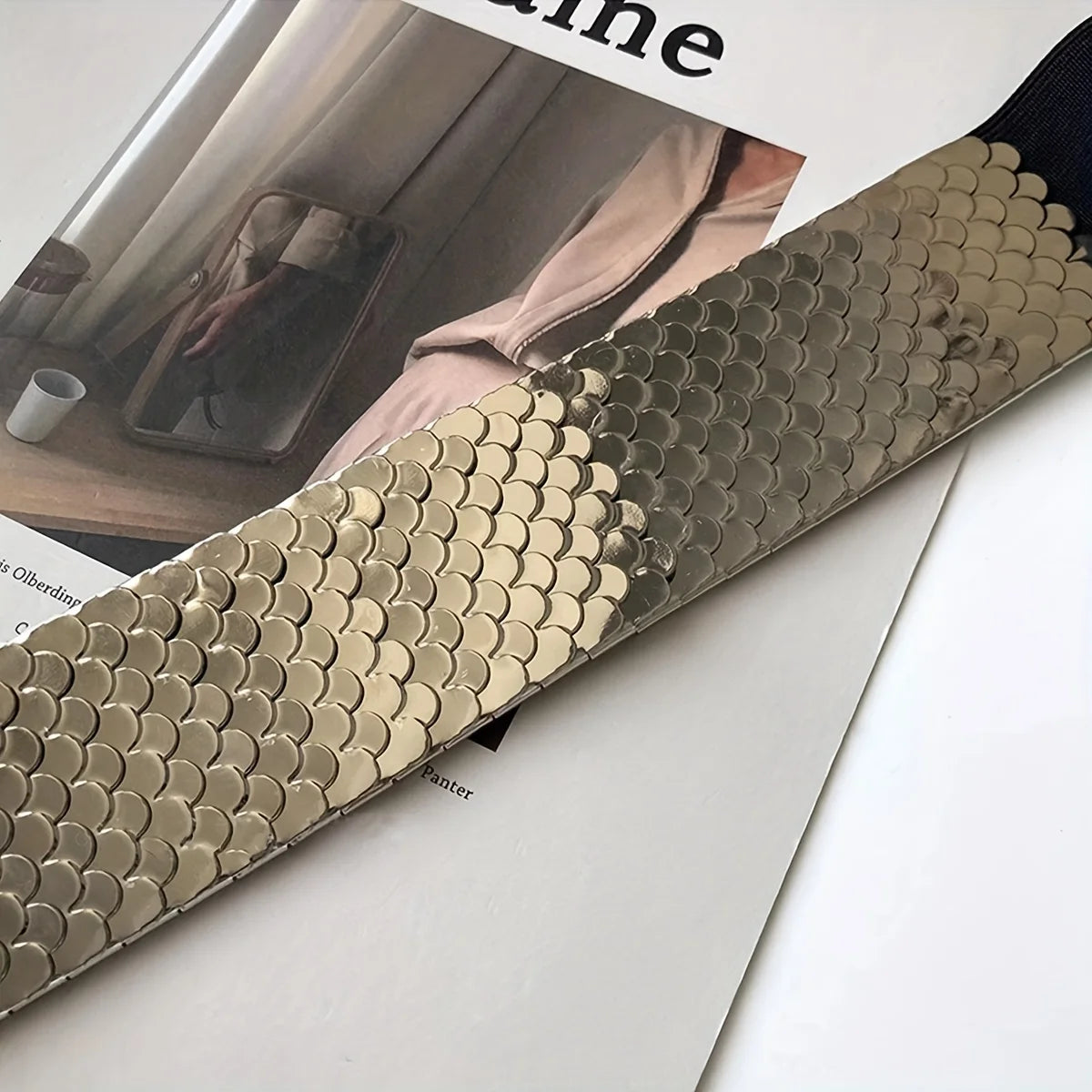 Fish Scales Shiny Metal Wide Belts Trendy Golden Silvery Elastic Waistband Classic Dress Coat Girdle For Women