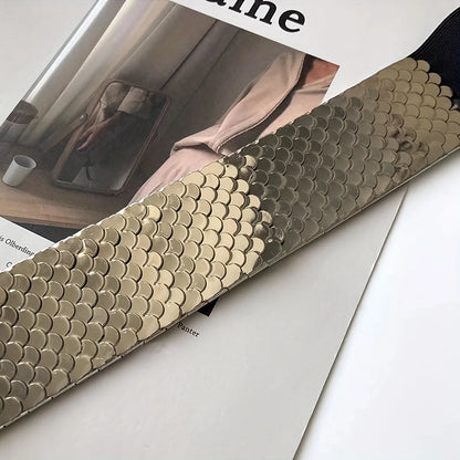 Fish Scales Shiny Metal Wide Belts Trendy Golden Silvery Elastic Waistband Classic Dress Coat Girdle For Women