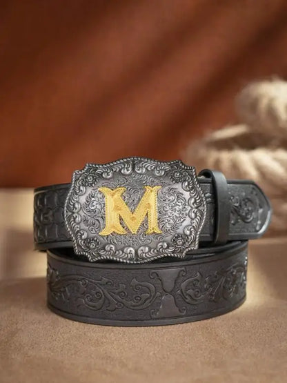 New Men's Belt Western Cowboy PU Leather Belt - Men Waist Strap Bull Decoration Floral Engraved for Jeans