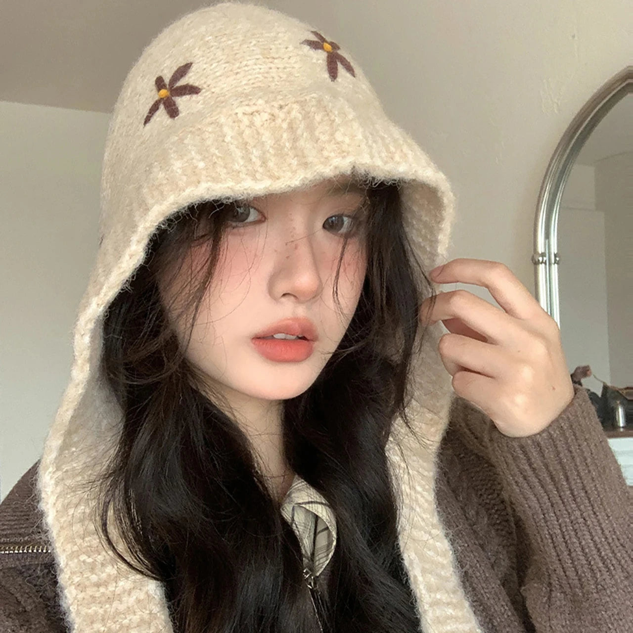 Winter Thicken Warm Knitted Balaclava Hat for Women Cute Flower Ear Protection Beanies Cap Outdoor Ski Snow Lace-up Hooded Caps