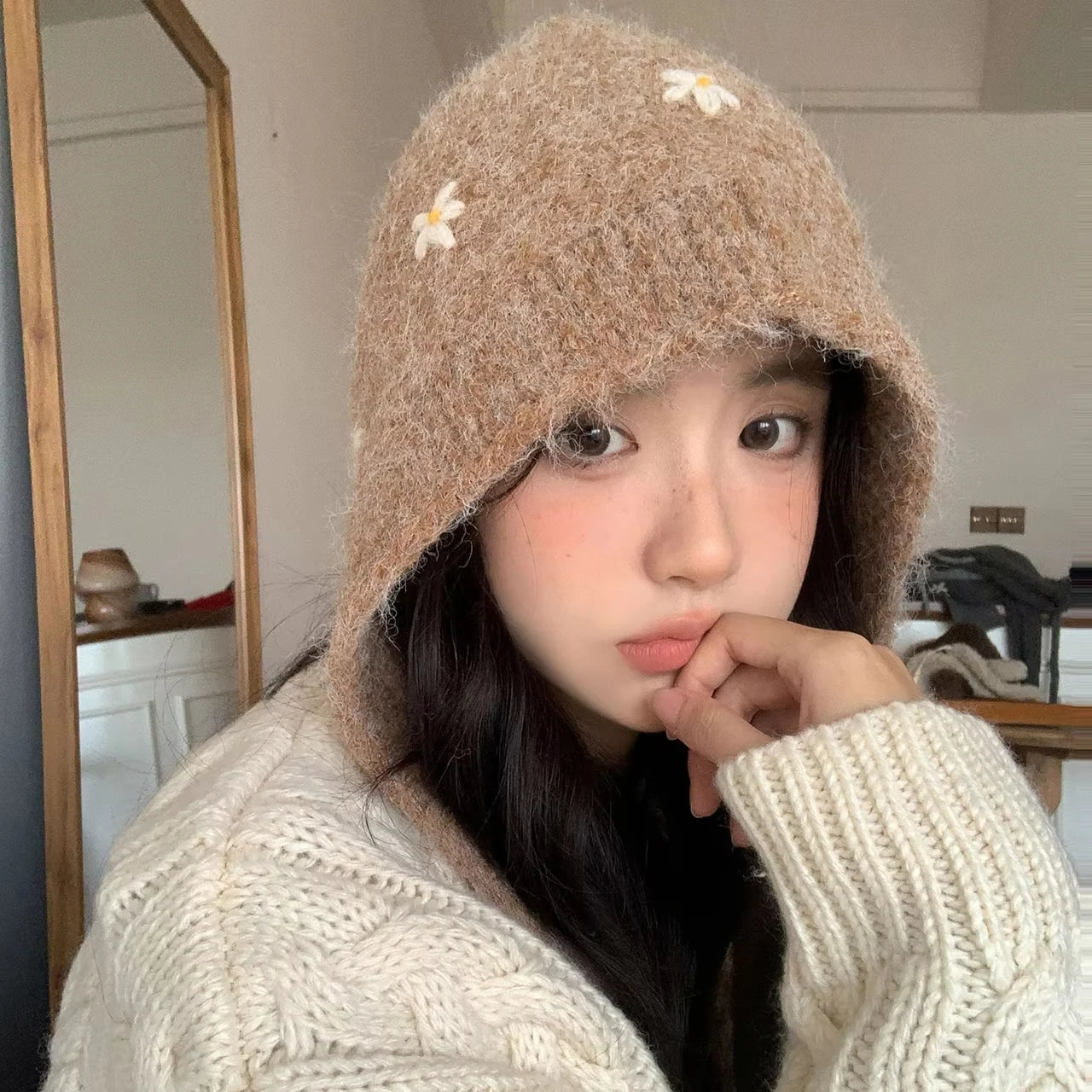 Winter Thicken Warm Knitted Balaclava Hat for Women Cute Flower Ear Protection Beanies Cap Outdoor Ski Snow Lace-up Hooded Caps