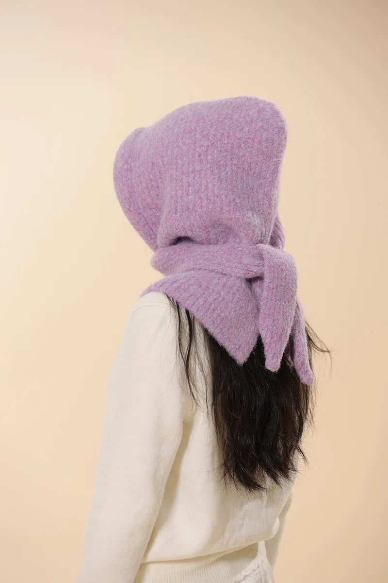 Korean Knitted Balaclava Hat Women's Winter Warm Scarf Integrated Hooded Scarf Knitted Wool Beanie Cap