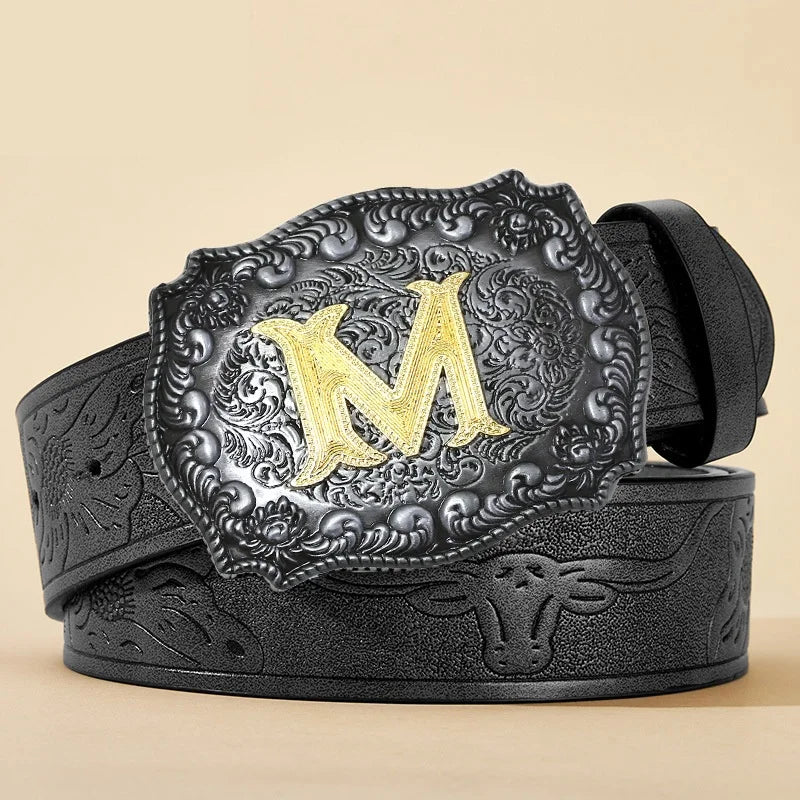 New Men's Belt Western Cowboy PU Leather Belt - Men Waist Strap Bull Decoration Floral Engraved for Jeans