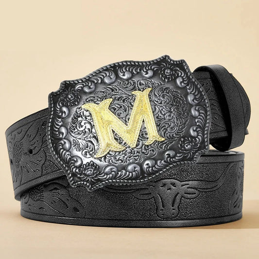 New Men's Belt Western Cowboy PU Leather Belt - Men Waist Strap Bull Decoration Floral Engraved for Jeans