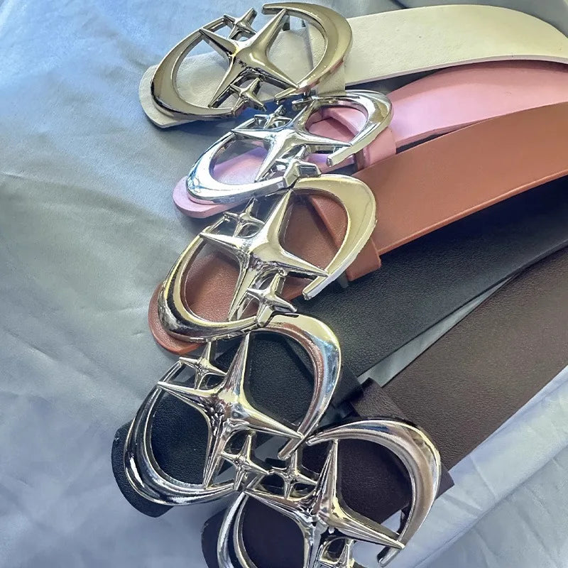 Fashion Pink Black White Moon Star Y2K Belts for Women Spice Girls PU Leather Retro Punk Metal Jeans Pants Decorative Belt Waist