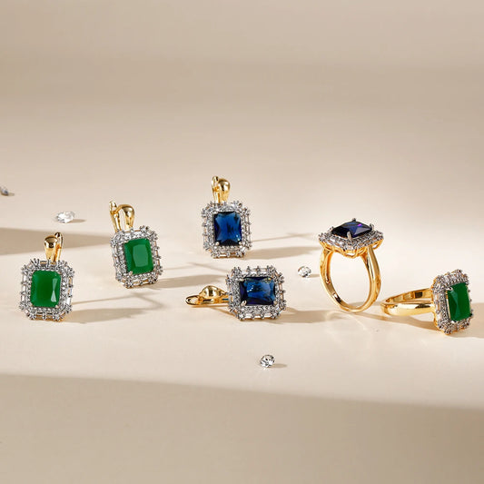 Square design inlaid zircon fashion suit earrings ring copper plated 14K gold ladies luxury jewelry party wedding holiday gift