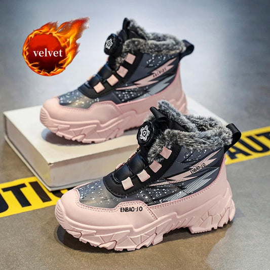 Rotary Buckle Winter Boots For Children Plus Velvet Girl Snow Boots Warm Plush Boot Boys Outdoor Non-slip High Top Sneakers Kids