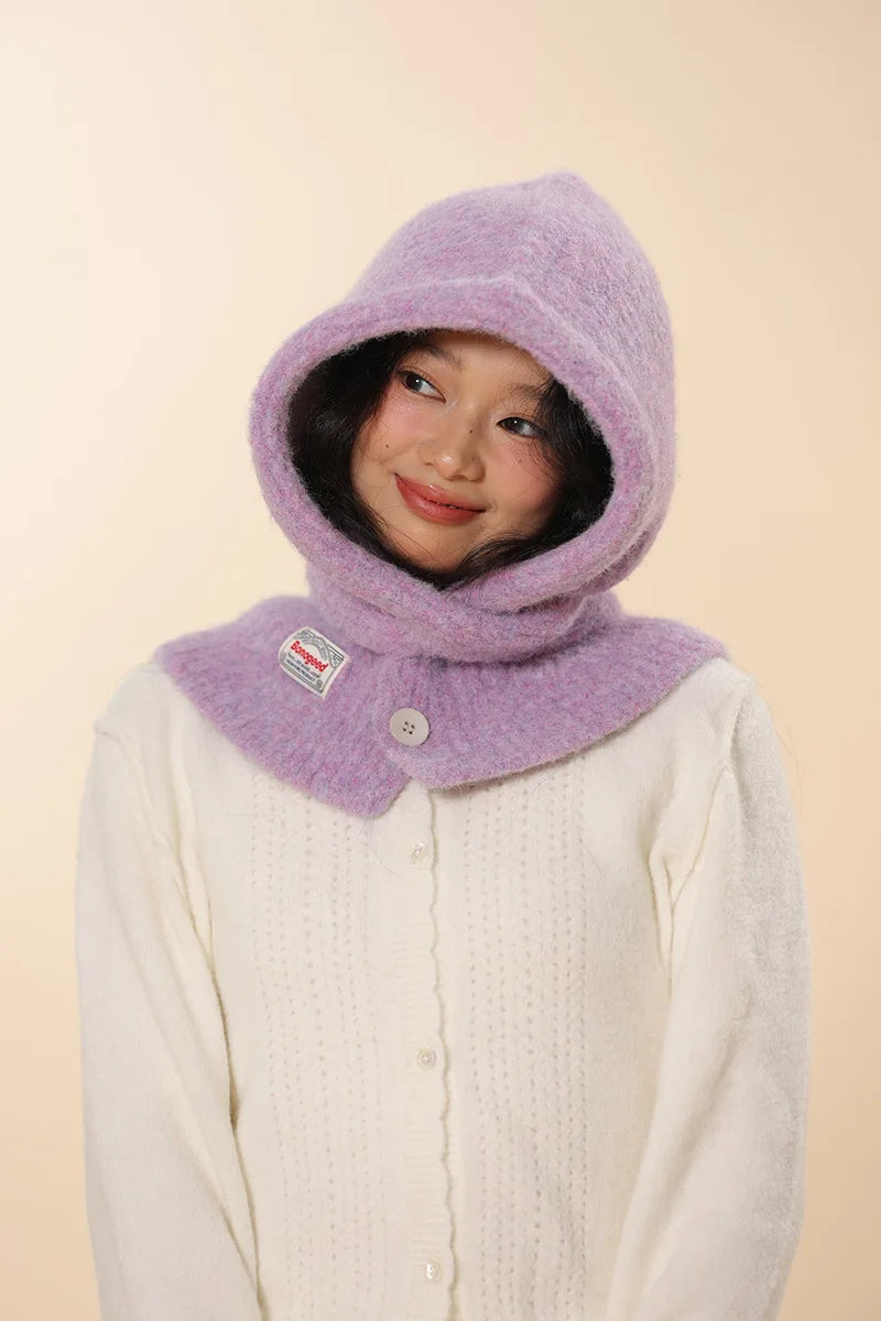 Korean Knitted Balaclava Hat Women's Winter Warm Scarf Integrated Hooded Scarf Knitted Wool Beanie Cap