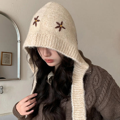 Winter Thicken Warm Knitted Balaclava Hat for Women Cute Flower Ear Protection Beanies Cap Outdoor Ski Snow Lace-up Hooded Caps