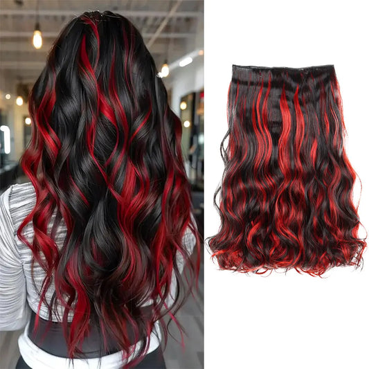 Long 18Inch Synthetic Wavy 5 Clip In Hair Extensions Fiber Heat Resistant Hairpiece Black Pick Red False Hair Daily Use
