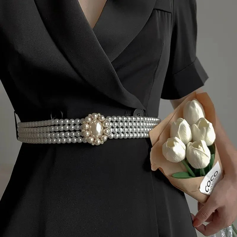 1 Piece With White Pearl Belt Elastic Oval Buckle Fashion Women's Waist Chain