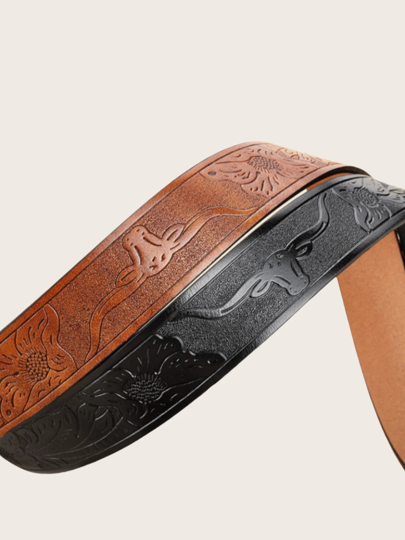 New Men's Belt Western Cowboy PU Leather Belt - Men Waist Strap Bull Decoration Floral Engraved for Jeans