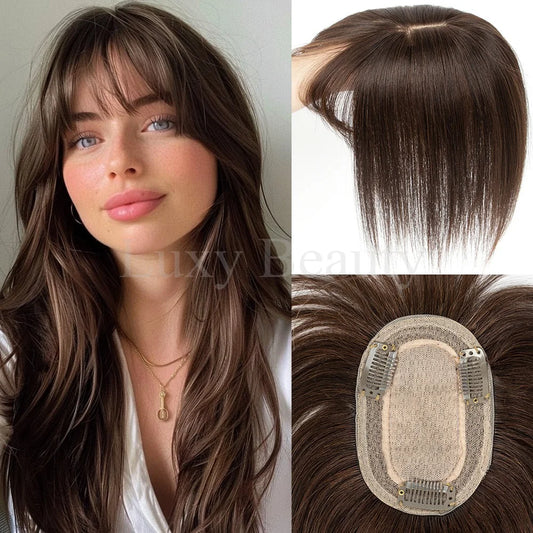 Brown Human Hair Topper With Bangs for Women 8cmX12cm Black Highlights Blonde Skin Scalp Clip in Topper Hair Pieces Human Hair