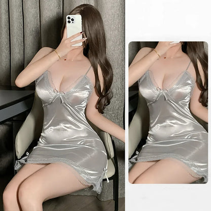 Women Sexy Lingerie Satin Suspender Nightdress Thong Pajama Thin Lace Slit Bow Singlets Dress Teddies Bodysuit Outfit Nightdress