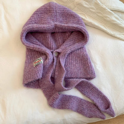 Korean Knitted Balaclava Hat Women's Winter Warm Scarf Integrated Hooded Scarf Knitted Wool Beanie Cap