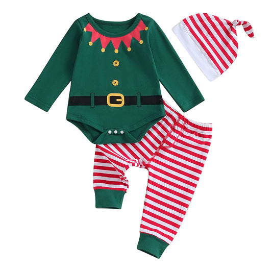 Baby Christmas Outfit Long Sleeve Romper with Striped Pants and Hat Infant Clothes
