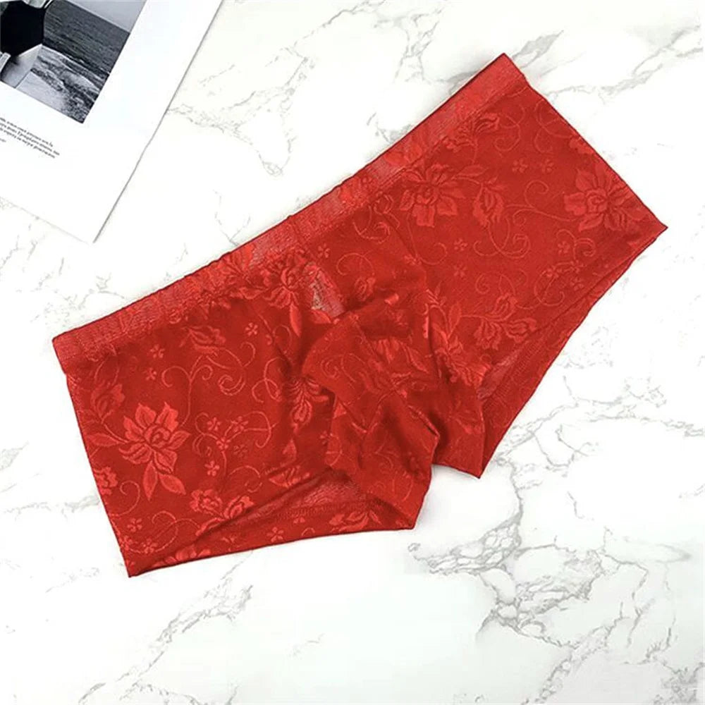 Sexy Transparent Jacquard Lace Boxer Shorts Low Waist Slim Fit Men's Underwear Male U-shaped Convex Comfortable Trunks
