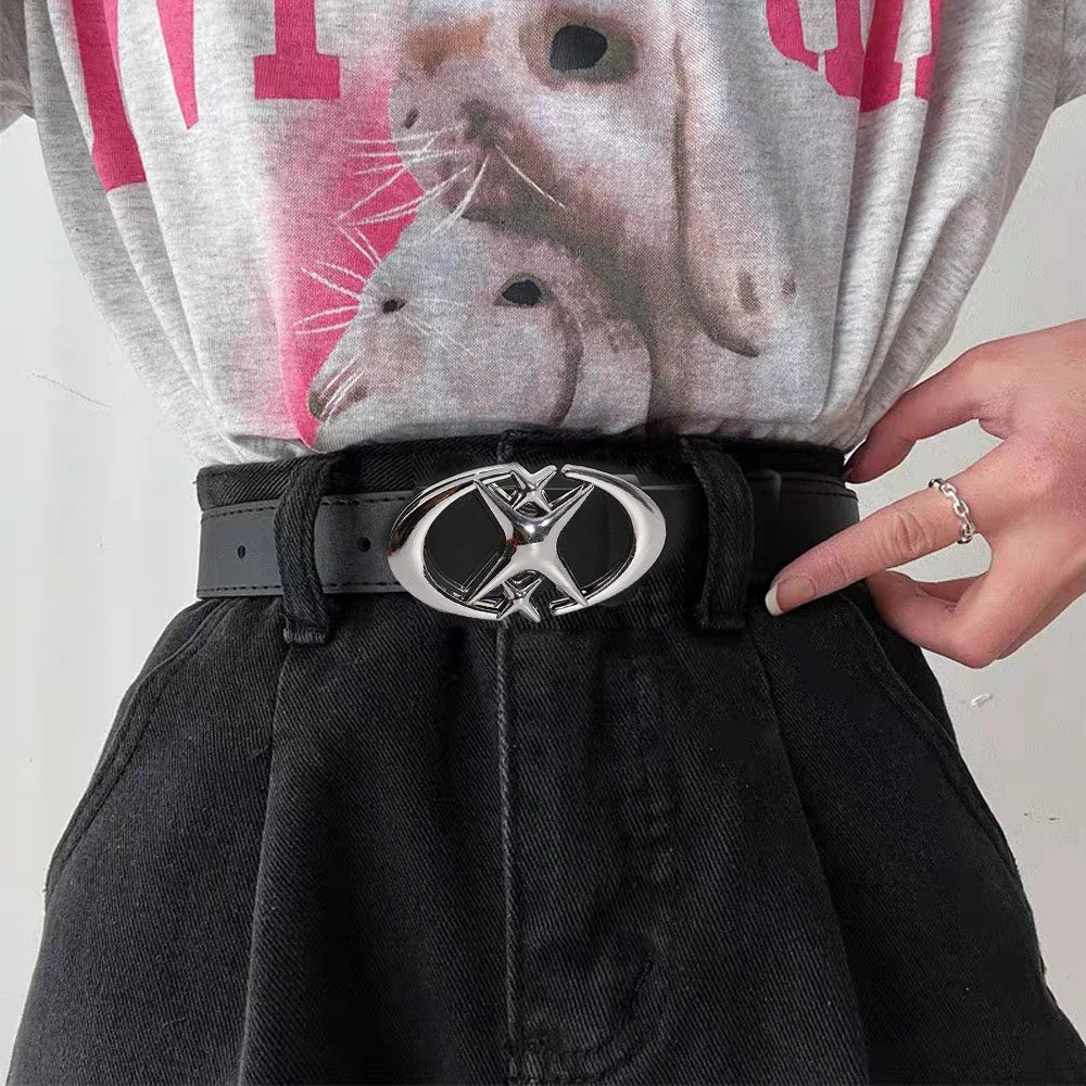 Fashion Pink Black White Moon Star Y2K Belts for Women Spice Girls PU Leather Retro Punk Metal Jeans Pants Decorative Belt Waist