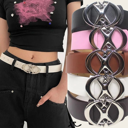 Fashion Pink Black White Moon Star Y2K Belts for Women Spice Girls PU Leather Retro Punk Metal Jeans Pants Decorative Belt Waist