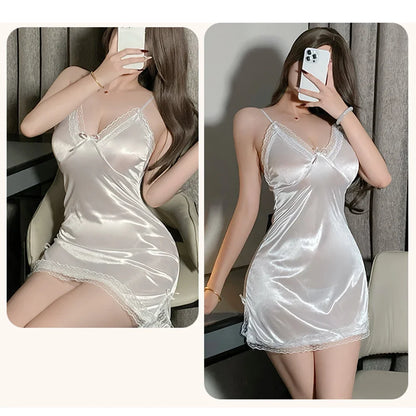Women Sexy Lingerie Satin Suspender Nightdress Thong Pajama Thin Lace Slit Bow Singlets Dress Teddies Bodysuit Outfit Nightdress