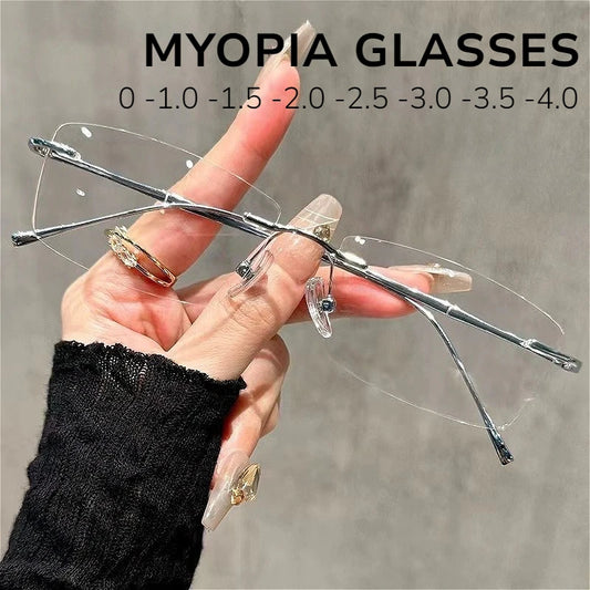 Luxury Rimless Myopia Glasses for Women Men Ultralight Near Sight Glasses Blue Light Blocking Eye Protection Eyeglasses 0 To-4.0