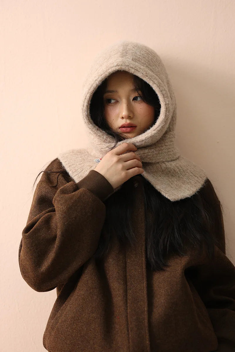 Korean Knitted Balaclava Hat Women's Winter Warm Scarf Integrated Hooded Scarf Knitted Wool Beanie Cap