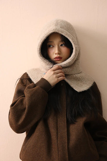 Korean Knitted Balaclava Hat Women's Winter Warm Scarf Integrated Hooded Scarf Knitted Wool Beanie Cap