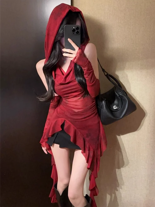 Red Mesh See Through Top Streetwear Hooded T-shirt Irregular Ruffle Oversleeve Tops for Women Sexy Y2k Clothing