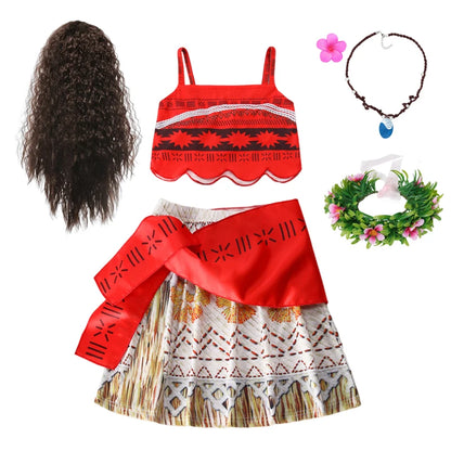 Girls Outfit Cosplay Children's Costume Party Princess Dress Summer Casual Beach Dress Necklace Wig Set Party Dresses For Girls