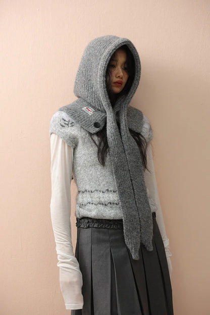 Korean Knitted Balaclava Hat Women's Winter Warm Scarf Integrated Hooded Scarf Knitted Wool Beanie Cap