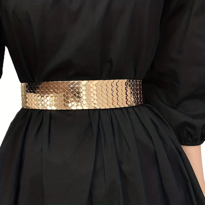 Fish Scales Shiny Metal Wide Belts Trendy Golden Silvery Elastic Waistband Classic Dress Coat Girdle For Women