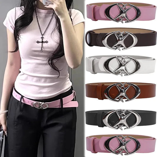 Fashion Pink Black White Moon Star Y2K Belts for Women Spice Girls PU Leather Retro Punk Metal Jeans Pants Decorative Belt Waist
