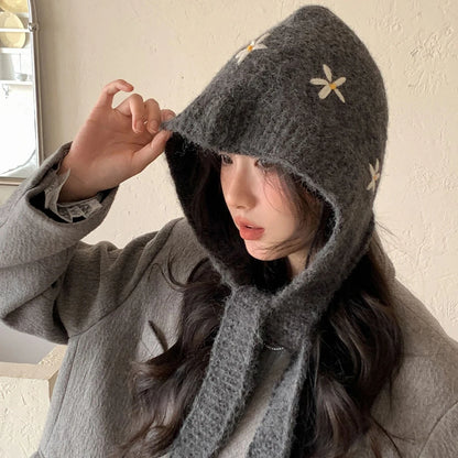 Winter Thicken Warm Knitted Balaclava Hat for Women Cute Flower Ear Protection Beanies Cap Outdoor Ski Snow Lace-up Hooded Caps