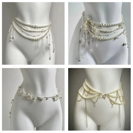 Y2K Designer belt Jewelry Multilayer Pearl waist chain for Women's Fashion Retro Character Playing Body Accessories Party Belts