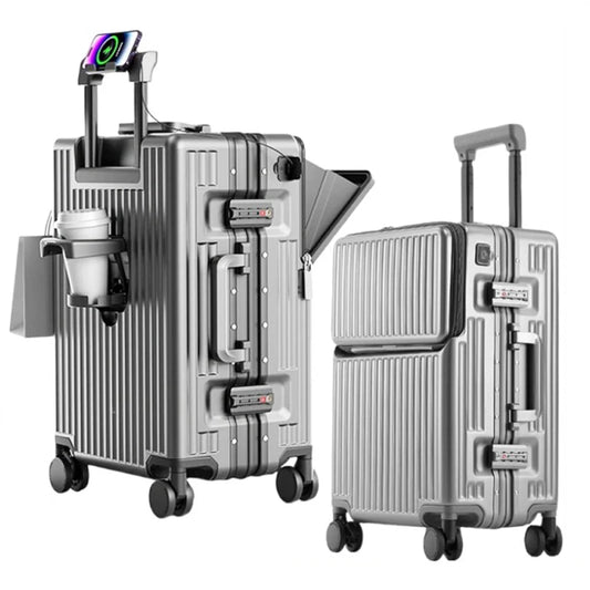 Aluminium Frame Suitcase Front Opening Cabin Luggage with USB Cup Holder Female Trolley Case Male Brake Wheel Travel Suitcase