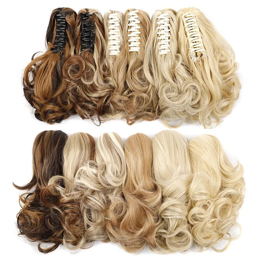 12Inch Synthetic Short Wavy Curly Ponytail Hair Extension Claw Clip in Ponytail Mixed Blonde Hairpiece for Women