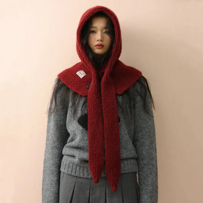 Korean Knitted Balaclava Hat Women's Winter Warm Scarf Integrated Hooded Scarf Knitted Wool Beanie Cap