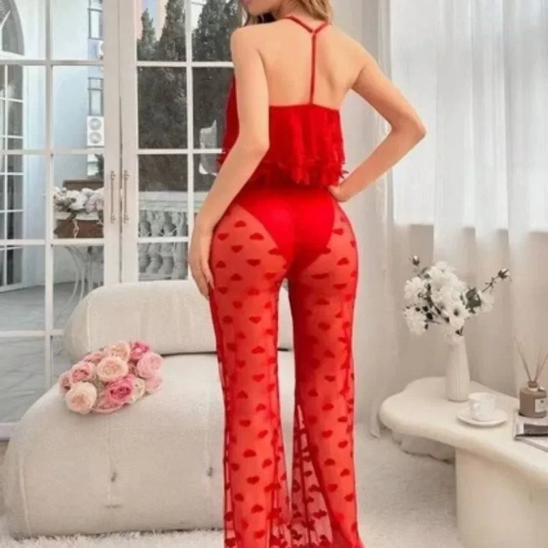Sexy Pajamas Lace Perspective Loungewear Sling Vest Set Red Love Large Size Net Sexy Sleepwear  Clothes for Women