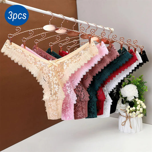 3PC Free Shipping Sexy T Back Woman Thong Panty Mid Waist Lace Panties Transparent Underwear "V-shape" Girls Erotic Panty