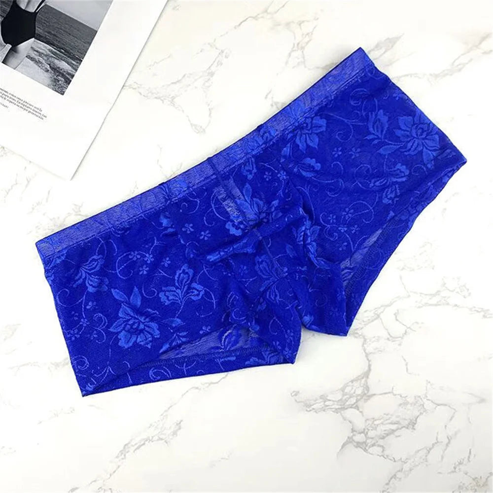 Sexy Transparent Jacquard Lace Boxer Shorts Low Waist Slim Fit Men's Underwear Male U-shaped Convex Comfortable Trunks