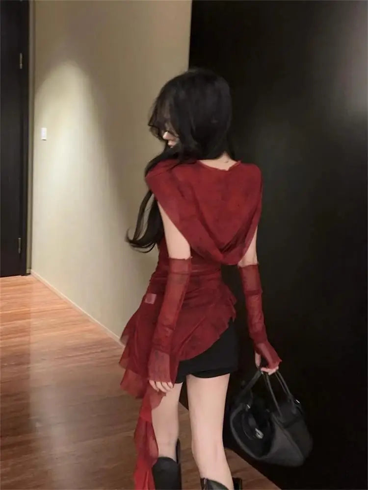 Red Mesh See Through Top Streetwear Hooded T-shirt Irregular Ruffle Oversleeve Tops for Women Sexy Y2k Clothing