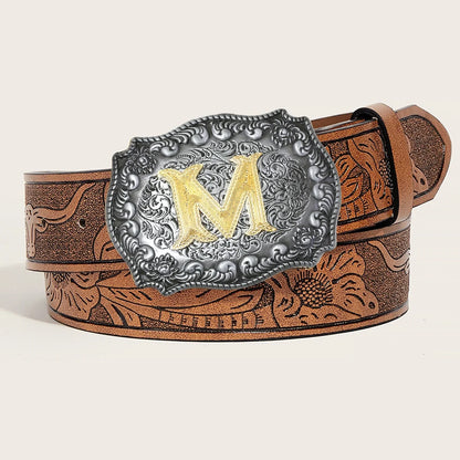 New Men's Belt Western Cowboy PU Leather Belt - Men Waist Strap Bull Decoration Floral Engraved for Jeans
