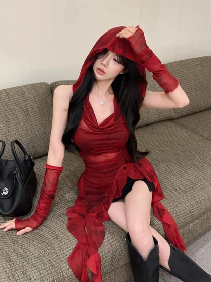 Red Mesh See Through Top Streetwear Hooded T-shirt Irregular Ruffle Oversleeve Tops for Women Sexy Y2k Clothing