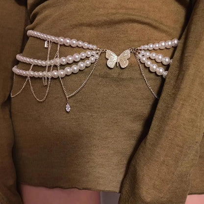 Y2K Designer belt Jewelry Multilayer Pearl waist chain for Women's Fashion Retro Character Playing Body Accessories Party Belts
