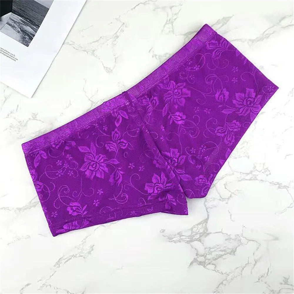 Sexy Transparent Jacquard Lace Boxer Shorts Low Waist Slim Fit Men's Underwear Male U-shaped Convex Comfortable Trunks