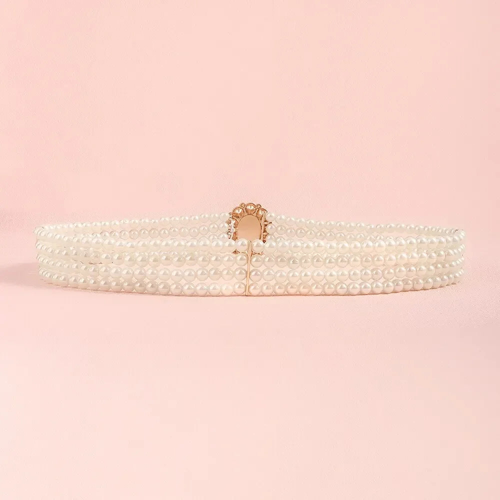 1 Piece With White Pearl Belt Elastic Oval Buckle Fashion Women's Waist Chain