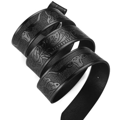 New Men's Belt Western Cowboy PU Leather Belt - Men Waist Strap Bull Decoration Floral Engraved for Jeans
